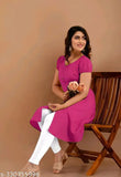 Rayon puffed sleeve A pink kurta, solid style with short sleeves and round flared silhouette for casual or formal occasions, 48" length. Hand wash/machine washable. Size declaration: choose two inches larger than body measurement (e.g., bust size 36" select M). Color may vary due to lighting sources or monitor settings. Made in India