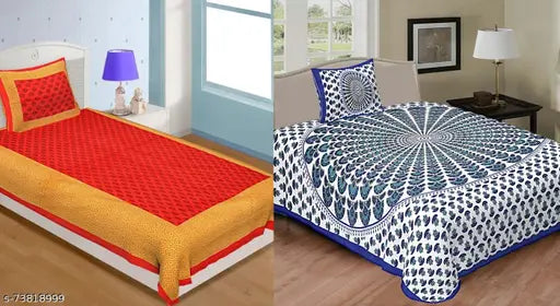 Fine cotton Jaipuri single bed sheets combo pack (2 sets, 180 thread count), ideal for adults. Indian-made bedding set on display
