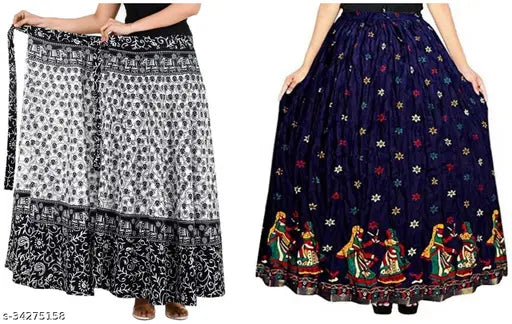 Multicolor printed net cotton Unique Women Western skirts (1 wrap-around & 1 A-line), Indian origin, 2 pieces available in sizes 36, 38, 40, 42, free size
