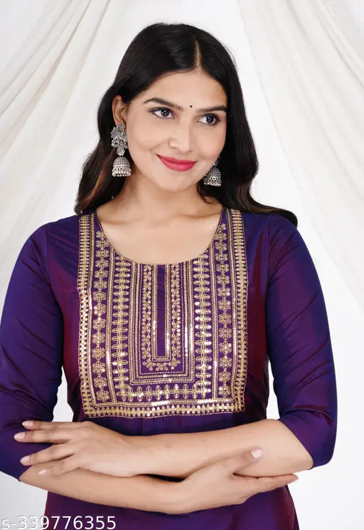 Art Silk Purple A-Line embroidered kurti with three-quarter sleeves, featuring intricate Indian sequence work. Available in various sizes from S to 5XL
