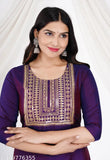 Art Silk Purple A-Line embroidered kurti with three-quarter sleeves, featuring intricate Indian sequence work. Available in various sizes from S to 5XL