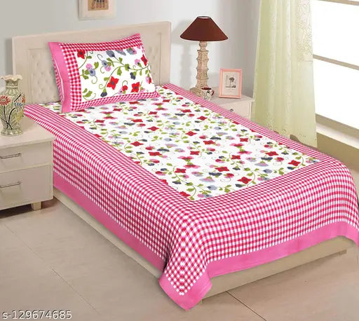 White floral cotton flat sheets, 180 thread count, 3 single bed & 3 pillow covers - Jaipuri-style summer bedding