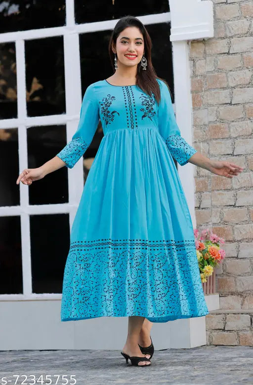 Hand block printed rayon kurti, three-quarter sleeves, vibrant Indian pattern in S, M, L, XL, XXL, XXXL