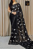 Black chiffon Pichu saree with embroidered semi-stitched blouse, free size, India origin
