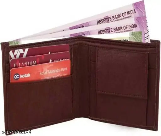 Brown faux leather casual wallet for men, featuring one compartment and free size dimensions. Solid design in popular atm colorway. Made in India