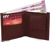Brown faux leather casual wallet for men, featuring one compartment and free size dimensions. Solid design in popular atm colorway. Made in India