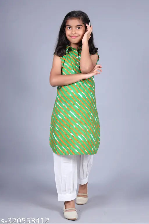 White cotton printed Kurta and pyjama set for girls, Tiranga pattern, perfect for weddings and parties, made in India