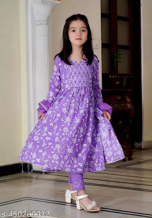 Organza and rayon festive party kurti pant set with dupatta for girls, featuring printed patterns, three-quarter sleeves, and sizes ranging from 5-14 years (Indian sizes)