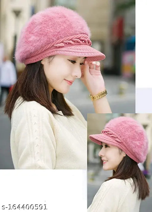 Woolen winter beanie cap with fur inside and visor, soft, warm, fashionable for women
