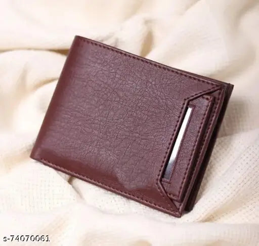 Brown artificial leather men's casual-formal wallet, regular size (13 card slots), solid pattern design, features 5 compartments and coin pocket, ideal for daily use and stylish gift