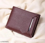 Brown artificial leather men's casual-formal wallet, regular size (13 card slots), solid pattern design, features 5 compartments and coin pocket, ideal for daily use and stylish gift