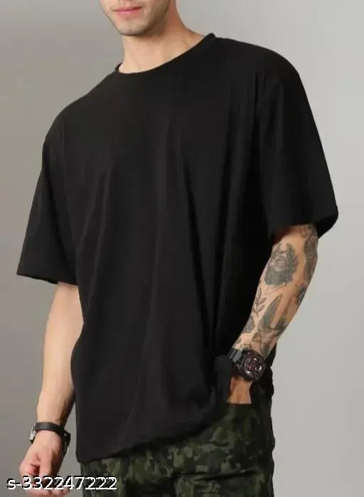 Trending oversize cotton-blend t-shirt, urban and fabulous for men, three-quarter sleeves, size S (Chest 40in, Length 27in), India origin
