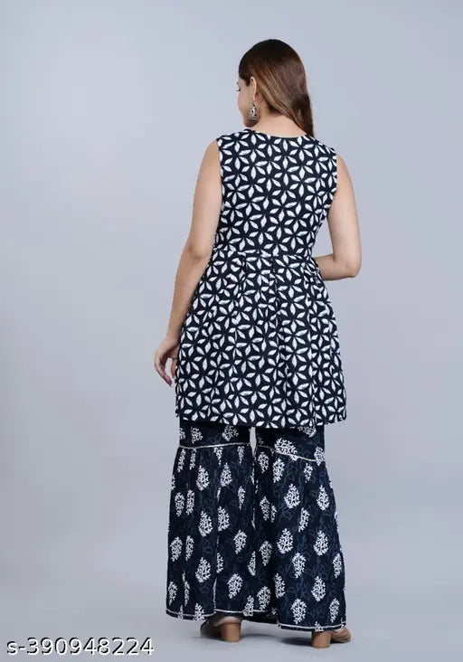 Rayon voguish women's kurta set with sharara and dupatta, printed design in XS-XL sizes