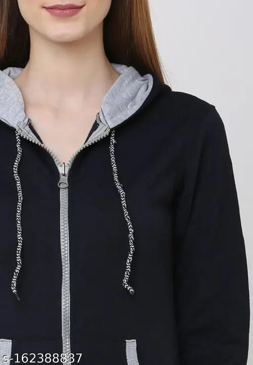 Navy Blue Fleece Zipper Hoodie Jacket - Solid design for men, size S (34in bust, 24in length), made in India