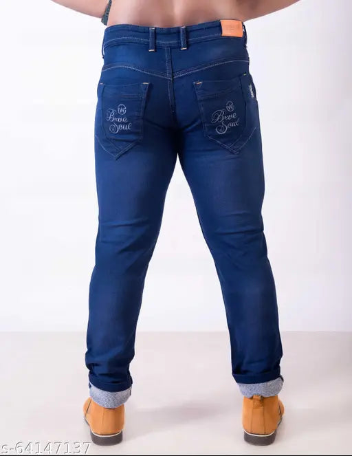 Men's solid denim blue jeans, AEMAC brand, size 30 (waist 31in, length 42in, hip 38in), size 32 (waist 33in, length 42in, hip 40in), size 40. Made in India