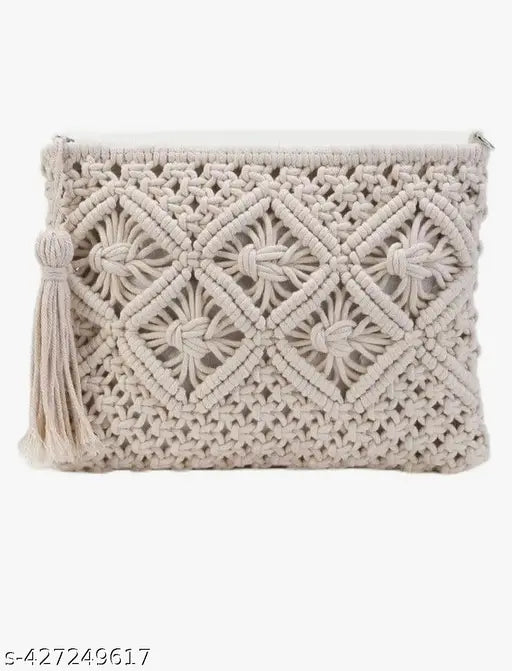 Off white macrame sling bag, handmade polyester tote for girls, embellished net design, perfect everyday use