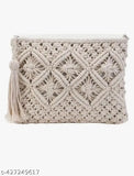 Off white macrame sling bag, handmade polyester tote for girls, embellished net design, perfect everyday use