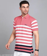 Pink cotton blend striped polo short sleeves men's t-shirt, stylish and comfortable, eco-friendly fashion