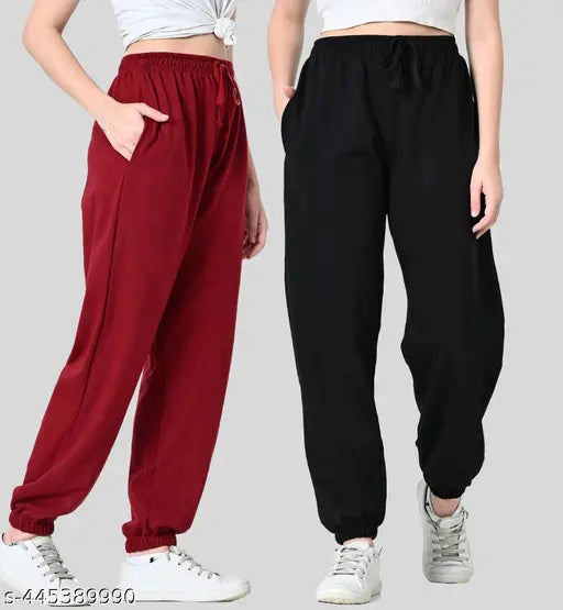 Maroon & Black Woolen Combo Jogger Pants for Women - Soft fleece, elastic waistband, two side pockets - Winter essential