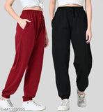 Maroon & Black Woolen Combo Jogger Pants for Women - Soft fleece, elastic waistband, two side pockets - Winter essential