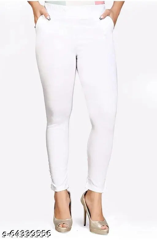 Cotton Lycra cigar pant white, stretchable and pocketed, modern casual wear for women (size 26-42)
