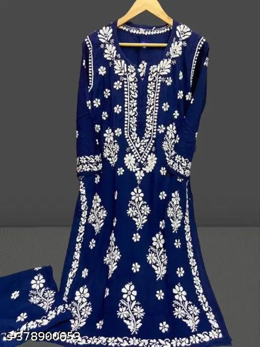 Rayon embroidered kurta set with palazzo pants, Indian workwear for women in various sizes
