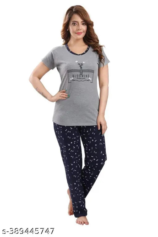 Women's long-wear night suite in printed net hosiery, 100% cotton for comfort and skin-friendliness