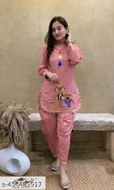 Printed & embroidered rayon A-line kurti with dhoti pant, vibrant festive wear for women