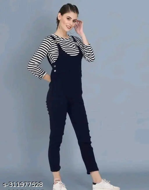 Navy blue cotton blend dungaree jumpsuit set for women and girls, three-quarter sleeve striped top and pant separate, trendy latest partywear fashion in India