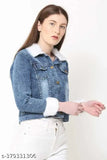 Colorblocked denim FUR JKT, long-sleeved jacket with contrasting panels, fashionable men's clothing on hanger