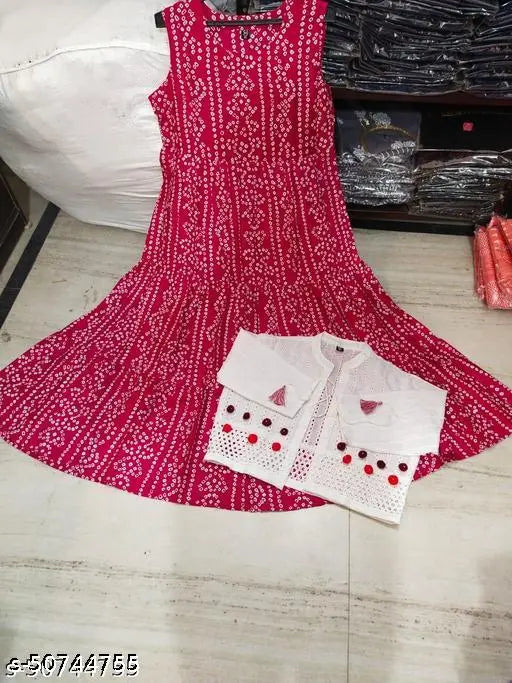Pink cotton ankle-length Anarkali Kurta with Shifli Jacket, printed combo for girls, trendy Indian ethnic wear, size M (Bust 38in, Length 50in)
