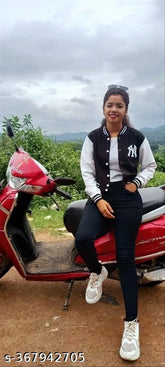 Fleece long sleeve black NY patch crop jacket for women, featuring stylish printed design from India