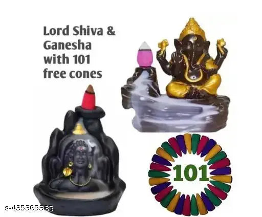 Resin Divcoll Shiv & Ganesha Smoke Backflow Combo with free 101 pcs scented cones. Indian God idol combo for home decor or gifting