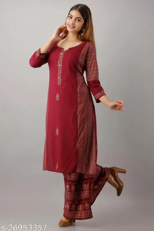 Refined rayon women's kurta set with palazzos, three-quarter sleeves, printed net pattern - India