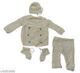 Off-white woolen sweater, cap, and booties for newborns (0-6 months), handmade by Fabulous Trader, India