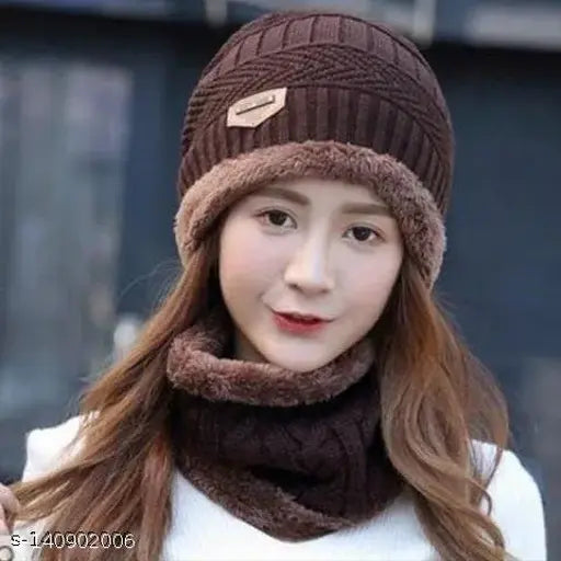 Brown Arcylic unisex beanie cap & neck muffler scarf set, ultra soft woolen winter accessory