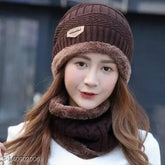 Brown Arcylic unisex beanie cap & neck muffler scarf set, ultra soft woolen winter accessory