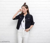Black denim jacket, long sleeves, solid pattern for teenagers (age 12-16), size varies by bust measurement (22-28 inches)
