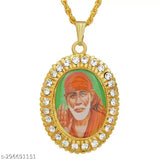 Gold-plated Brass Shirdi Sai Baba photo pendant, 2" x 1.25", CZ studded, on 22" chain