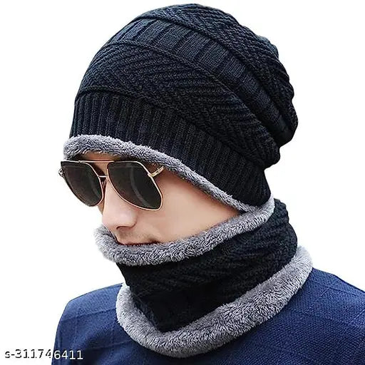 Arctic knit beanie cap hat set with neck warmer & scarf for women and men. Ideal for cold weather outdoor activities like skiing, hiking, or commuting. Made in India