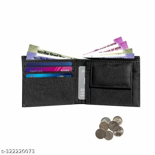 Faux leather bi-fold wallet for men and boys, solid design, 5 compartments, free size (12cm x 4cm), made in India