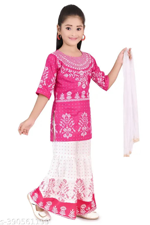 Musklyn Fashion Girls Ethni Rayon Kurta Palazzo Sets with Printed Dupatta - All-season Indian girls outfit for festivals, mix and matchable with 2-6 years sizes