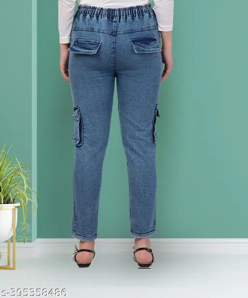 Stretchable premium denim cargo blue high-waisted bell bottom jeans for women, made with anti-shrink fabric and tie-ups detail. 100% Indian manufacturer