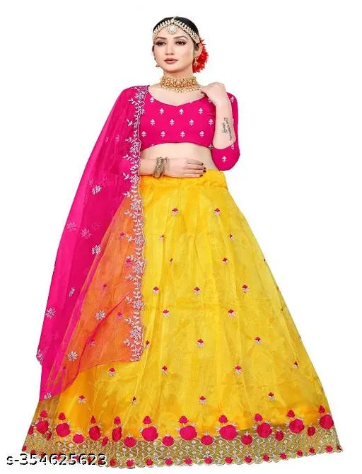 Embroidered semi-stitched dupion silk & net lehenga choli with cutwork border and dupatta, India