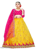 Embroidered semi-stitched dupion silk & net lehenga choli with cutwork border and dupatta, India