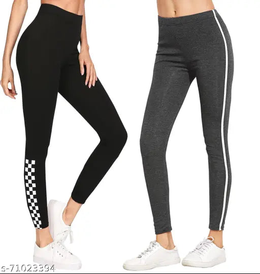 Striped cotton lycra yoga tights (2-pack), stylish and trendy comfort for women, India origin