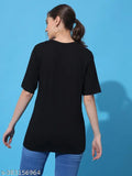 Black oversized drop shoulder cotton T-shirt with three-quarter sleeves, printed design for women, size S (38in bust/28in length), made in India