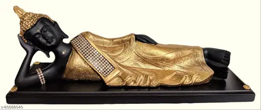 Black resin Sleeping Buddha statue with golden dress, 35cm x 13cm x 10cm, home decor showpiece gift for living room or meditation space