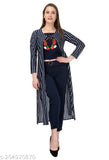 Navy blue striped shrug set: 3-piece dress Kurta, embroidered top, full length pant - cotton blend, India