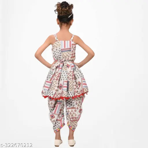 Fancy cotton blend MissU kurti with dhoti pant set for kids, aged 2-9 years, printed and sleeveless, Indian origin